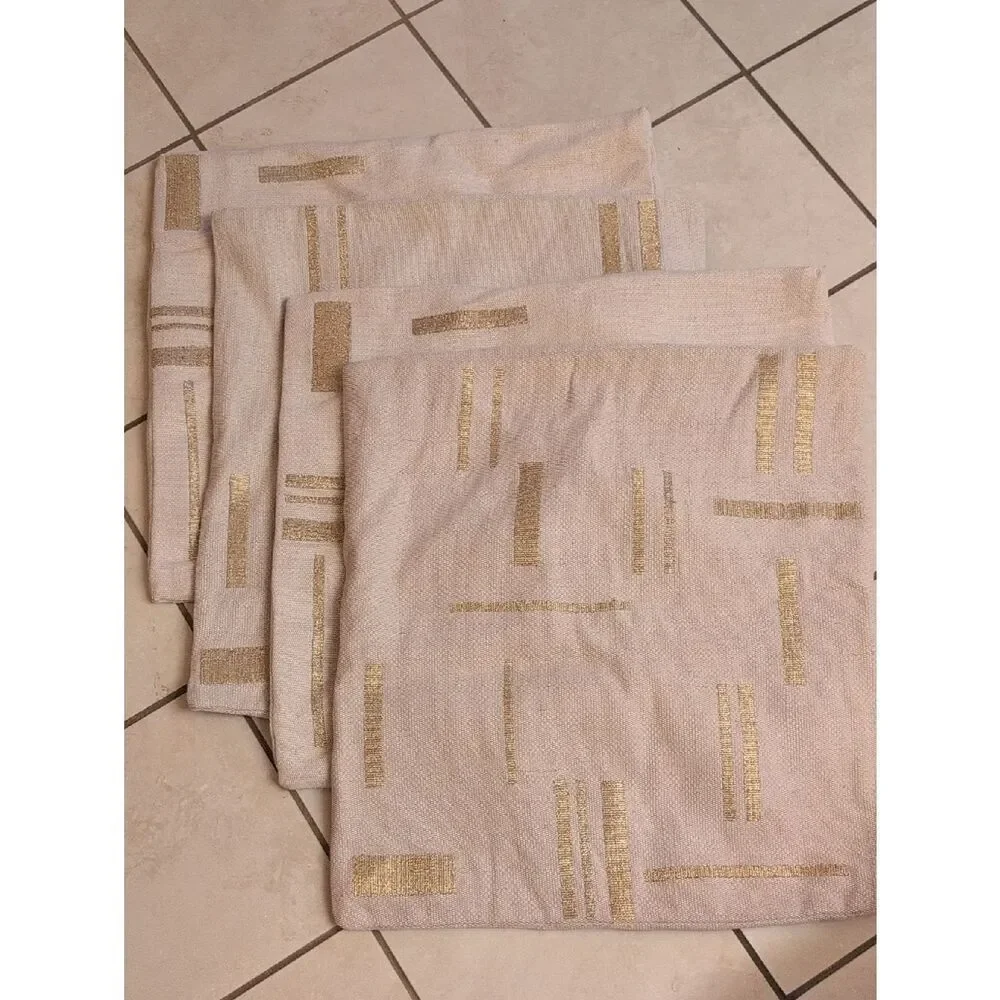 Lot Of 4 West Elm Embroidered Metallic Pillow Cover Belgian Flax Jute Linen Gold
